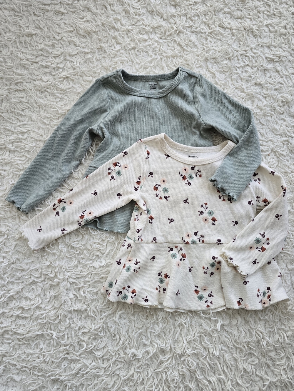 Gerber Sage Green Long Sleeve & Cream Floral Ruffle Top Set